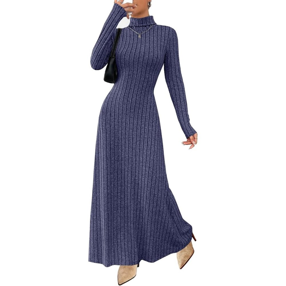 Women's Navy Blue Long Sleeve Casual Turtle Neck Ribbed Knit Bodycon Maxi Dress